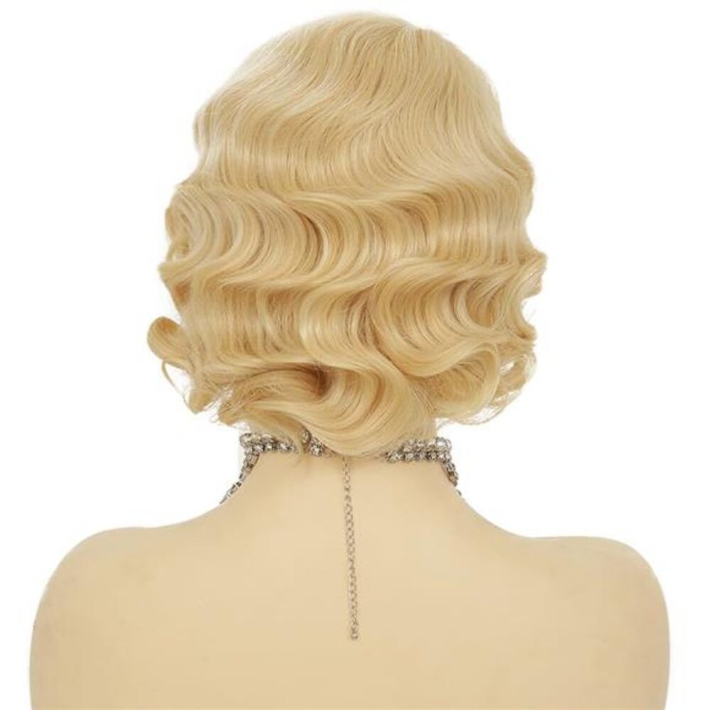 Women Blonde Curly Wig Short 20s 30s Finger Wave Retro Wave Synthetic Fancy - Picture 5 of 7